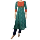 Ikat Cotton Scallopneck A line Kurta with Phoolkari Lace Details,  Teal Green, KI1023