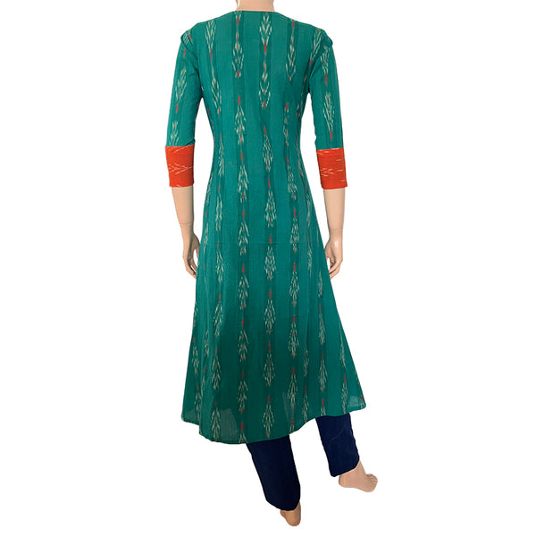 Ikat Cotton Scallopneck A line Kurta with Phoolkari Lace Details,  Teal Green, KI1023