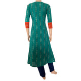 Ikat Cotton Scallopneck A line Kurta with Phoolkari Lace Details,  Teal Green, KI1023