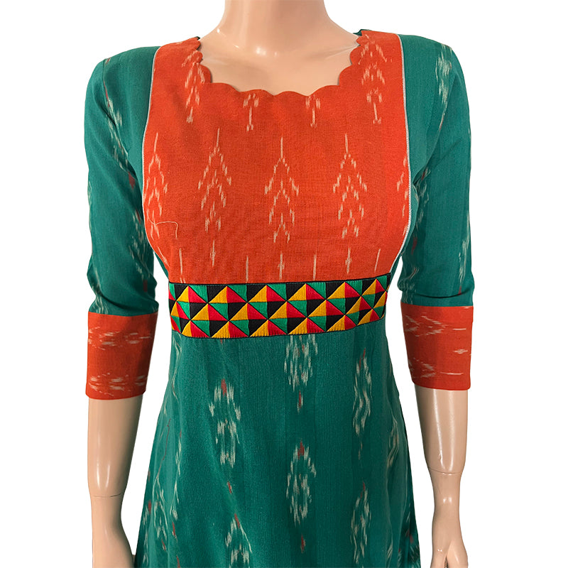 Ikat Cotton Scallopneck A line Kurta with Phoolkari Lace Details,  Teal Green, KI1023