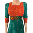 Ikat Cotton Scallopneck A line Kurta with Phoolkari Lace Details,  Teal Green, KI1023