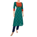Ikat Cotton Scallopneck A line Kurta with Phoolkari Lace Details,  Teal Green, KI1023