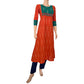 Ikat Cotton Scallopneck A line Kurta with Phoolkari Lace Details,  Orange, KI1024