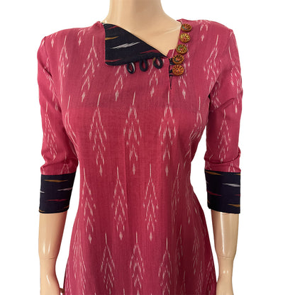Ikat Cotton A line Kurta with Triangular Neck & Wooden Button Details, Pink, KI1025