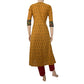 Ikat Cotton A line Kurta with Kalamkari Patches, Triangular Neck & Wooden Button Details, Yellow, KI1026