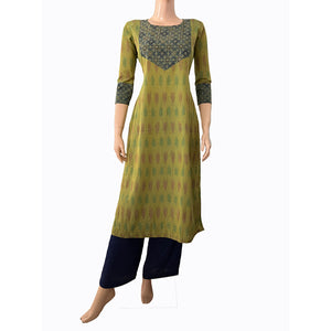 Ikat Cotton Round neck Straight cut Kurta with Ajrakh Patches,  Fluorescent Green,  KI1027