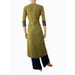 Ikat Cotton Round neck Straight cut Kurta with Ajrakh Patches,  Fluorescent Green,  KI1027