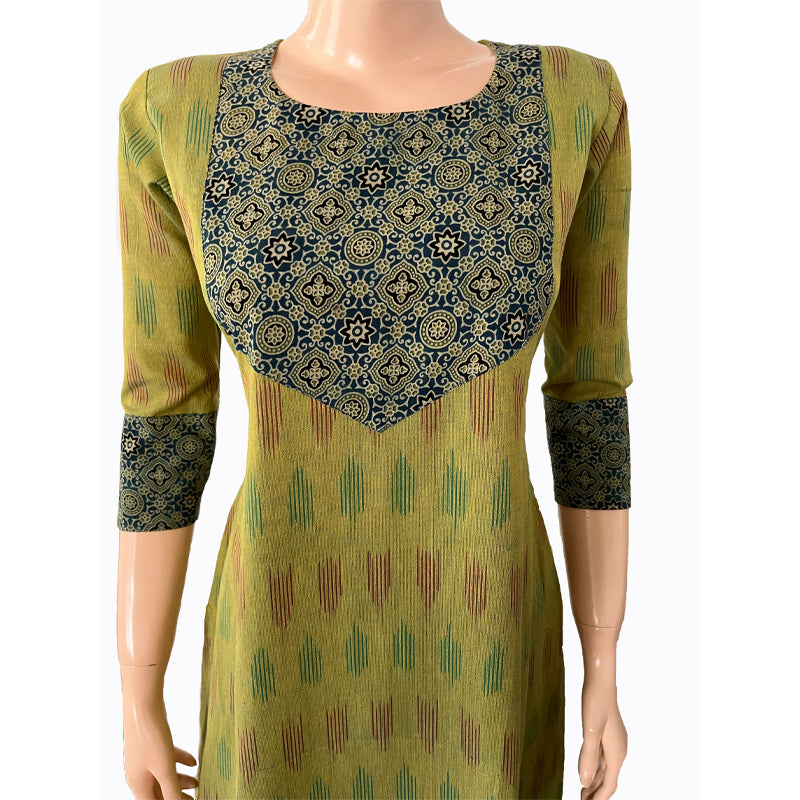 Ikat Cotton Round neck Straight cut Kurta with Ajrakh Patches,  Fluorescent Green,  KI1027
