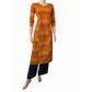 Ikat Cotton Y neck Straight cut Kurta with Piping Details, Mustard - Rust,  KI1028