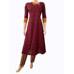 Ikat Cotton A line  Kurta with Triangular neck & Wooden Button Details,   Maroon,  KI1029
