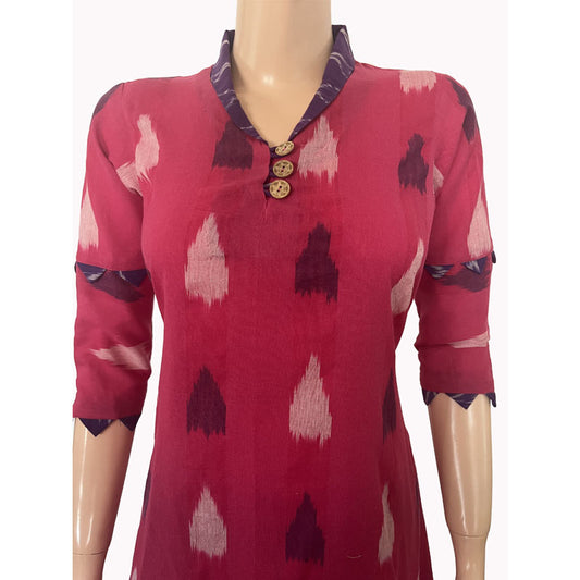 Ikat Cotton A line  Kurta with Shawl Collar & Wooden Button Details,   Pink,  KI1030