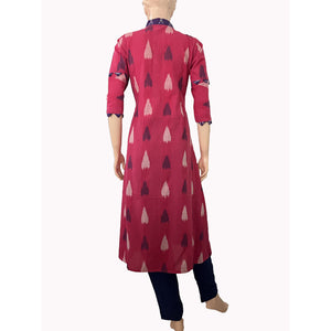 Ikat Cotton A line  Kurta with Shawl Collar & Wooden Button Details,   Pink,  KI1030