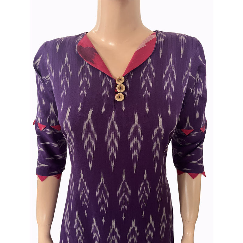Ikat Cotton A line  Kurta with  V neck & Wooden Button Details,   Purple,  KI1031