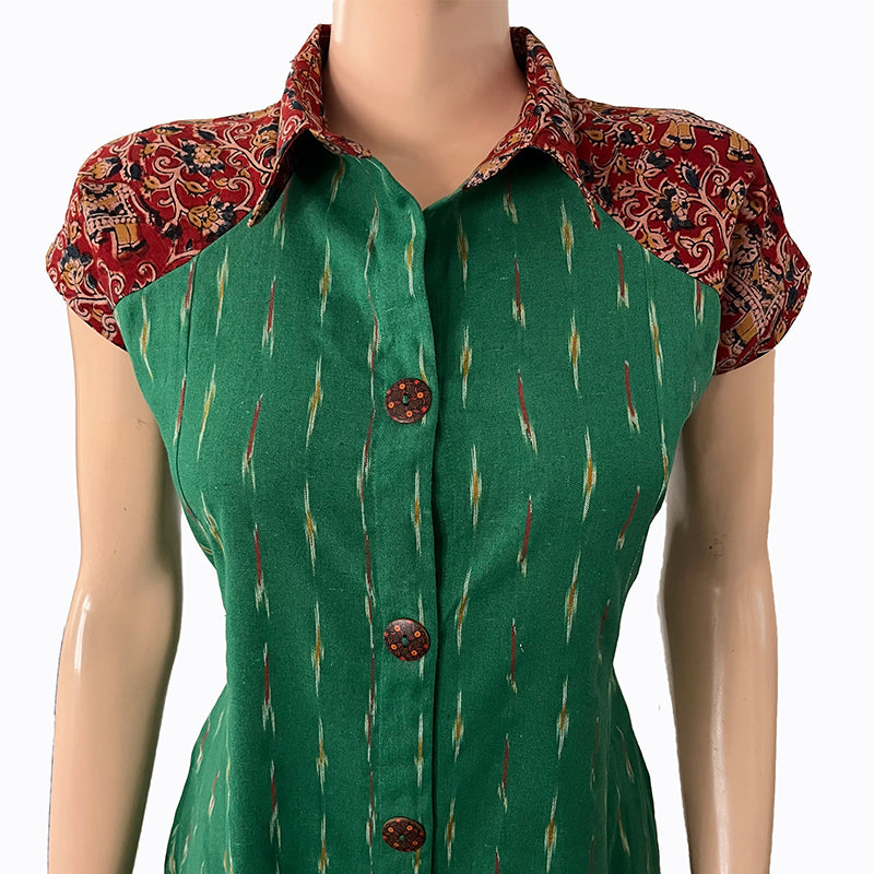 Ikat Cotton Paneled A line Kurta with Shirt Collar, Mega Sleeves & Kalamkari Patches,   Green,  KI1032