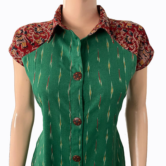 Ikat Cotton Paneled A line Kurta with Shirt Collar, Mega Sleeves & Kalamkari Patches,,   Green,  KI1032