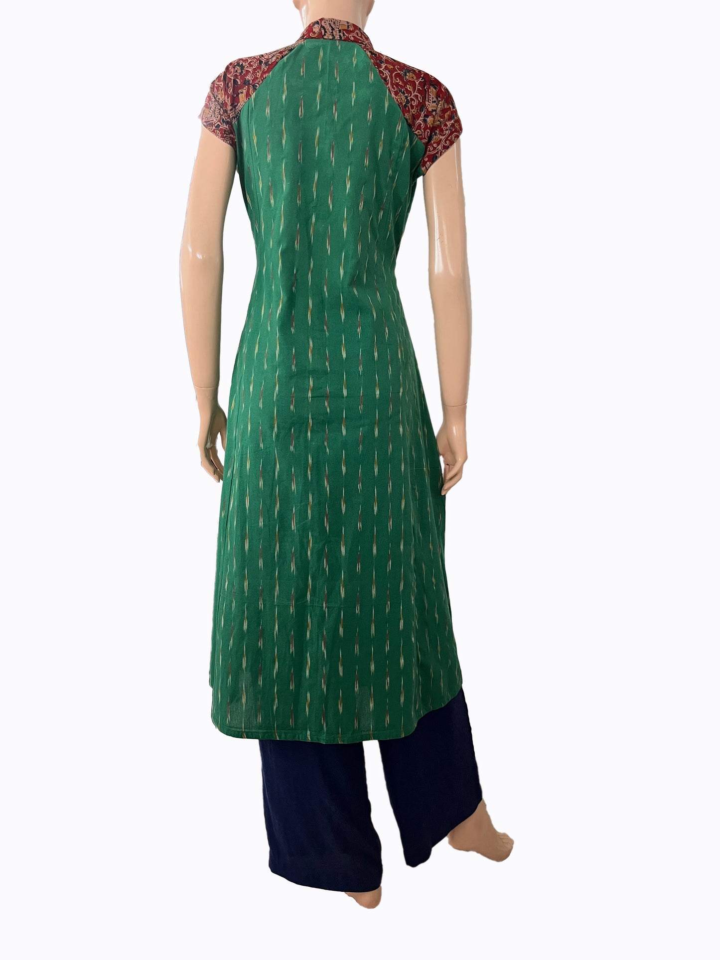 Ikat Cotton Paneled A line Kurta with Shirt Collar, Mega Sleeves & Kalamkari Patches,   Green,  KI1032
