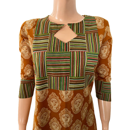 Kalamkari Cotton  Diamond neck A line Kurta,  Mustard brown, KK1065