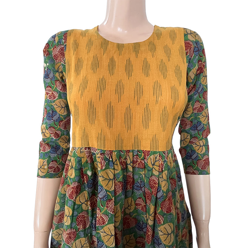 Round neck Pleated  Kalamkari Cotton Kurta with Ikat Patches  ,  Green,  KK1066