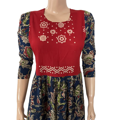 Kalamkari Cotton Roundneck Pleated Kurta  ,  Blue,  KK1067