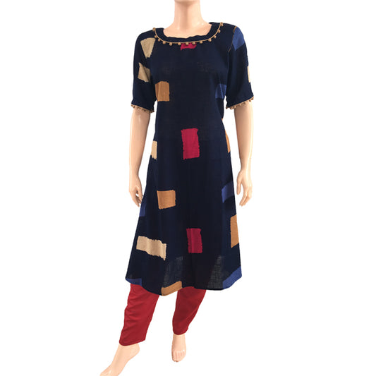 Slub Cotton A-line Designer Kurti with Potli buttons, Blue, KP1009