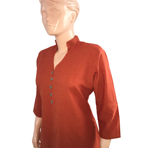 Printed Cotton Straight cut Designer Kurti with metal embellishments, Orange, KP1022