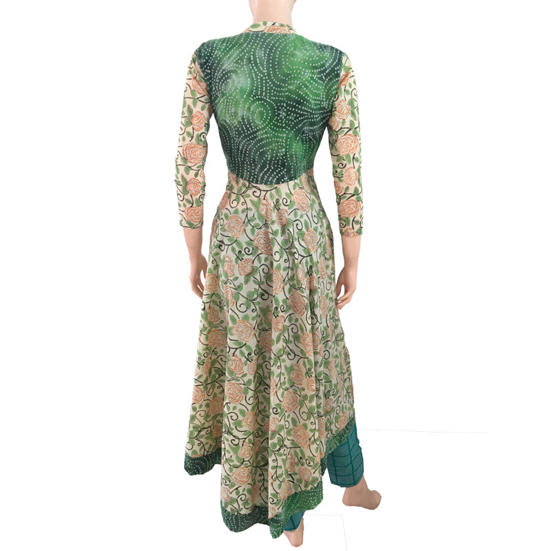 Jaipur Printed Cotton Anarkali Kurti with Mandarin Collar & Button Details, Cream - Green, KP1035