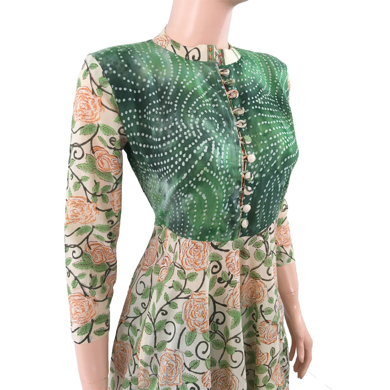 Jaipur Printed Cotton Anarkali Kurti with Mandarin Collar & Button Details, Cream - Green, KP1035