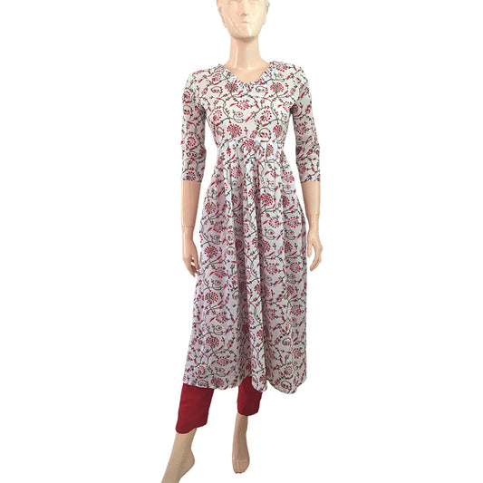 Jaipur Printed Cotton Frilled V neck  Pleated Kurta, Off White, KP1047