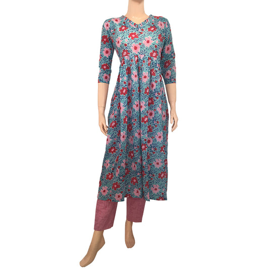 Pleated Jaipur Printed Cotton Frilled V neck Kurta, Aqua blue, KP1051