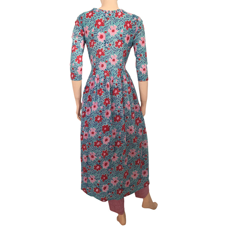 Pleated Jaipur Printed Cotton Frilled V neck Kurta, Aqua blue, KP1051