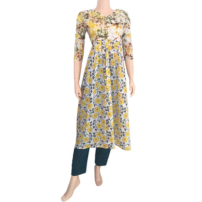 Pleated Jaipur Printed Cotton Frilled V neck Kurta with Bathik Cotton Sleeves, Off White - Yellow, KP1052