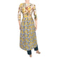 Pleated Jaipur Printed Cotton Frilled V neck Kurta with Bathik Cotton Sleeves, Off White - Yellow, KP1052