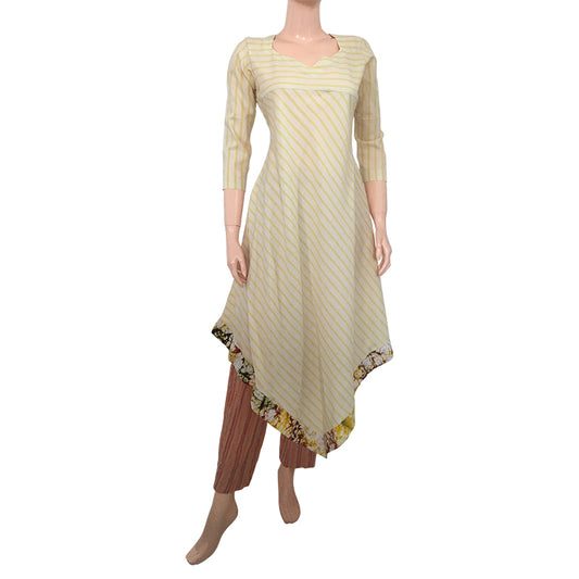 Striped Printed Cotton Sweetheart neck Triangilar Kurta ,Yellow, KP1053