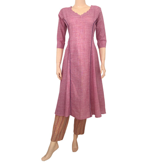 Printed Cotton Scallopneck Paneled Kurta, Pink, KP1054