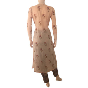 Jaipur Printed Mul Cotton Y neck Straightcut Kurta with Piping Details, Beige, KP1059