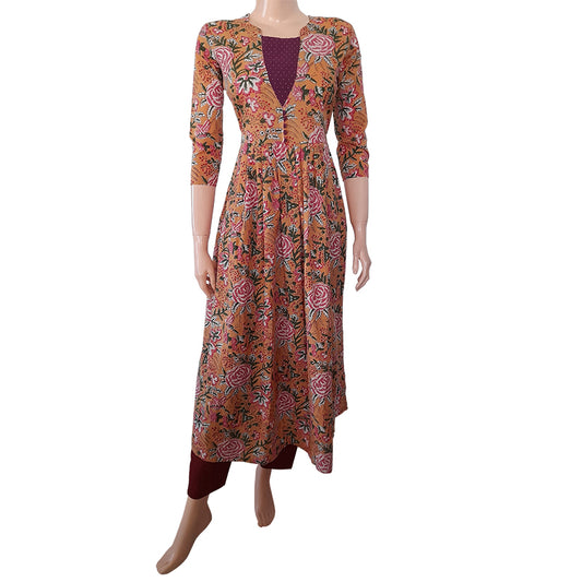 Jaipur Printed Mul Cotton Pleated Kurta with Potli Button Details, Peaxh, KP1072