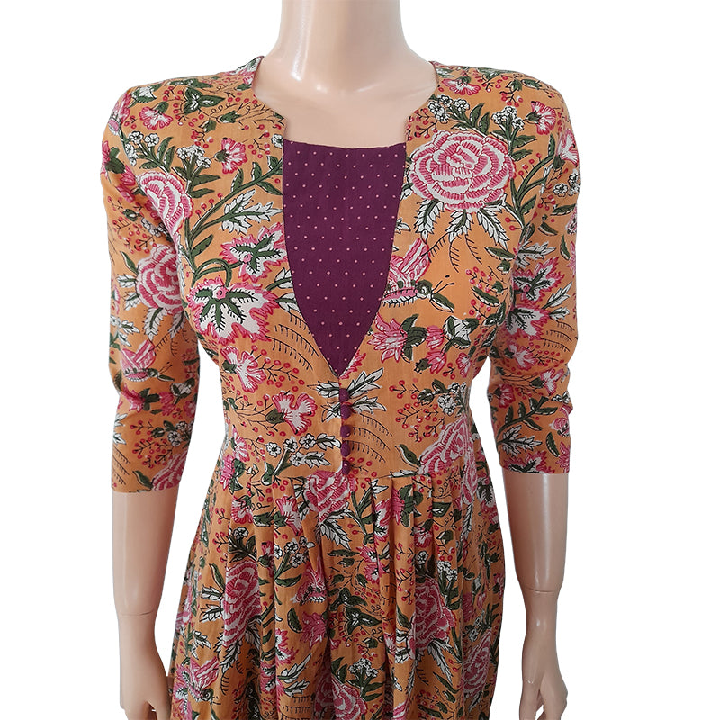 Jaipur Printed Mul Cotton Pleated Kurta with Potli Button Details, Peaxh, KP1072