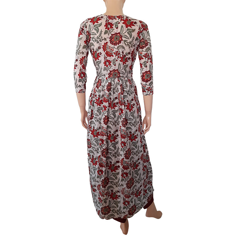 Jaipur Printed Mul Cotton Pleated Kurta with Potli Button Details, Off White - Red, KP1073