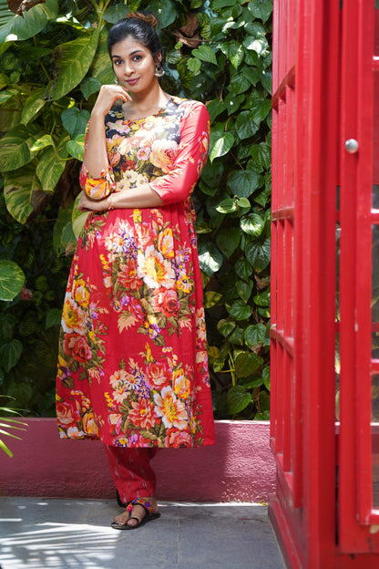 Floral Digital Printed Pleated Mul Cotton Kurta with Roundneck,  Red, KP1075