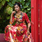 Floral Digital Printed Pleated Mul Cotton Kurta with Roundneck,  Red, KP1075