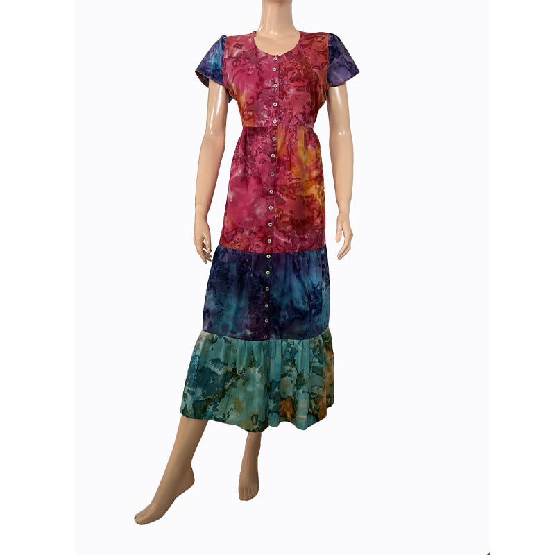 Bathik Cotton  Pleated V neck Maxi Kurta with Ruffle Sleeves,  Multicolor,  KP1081