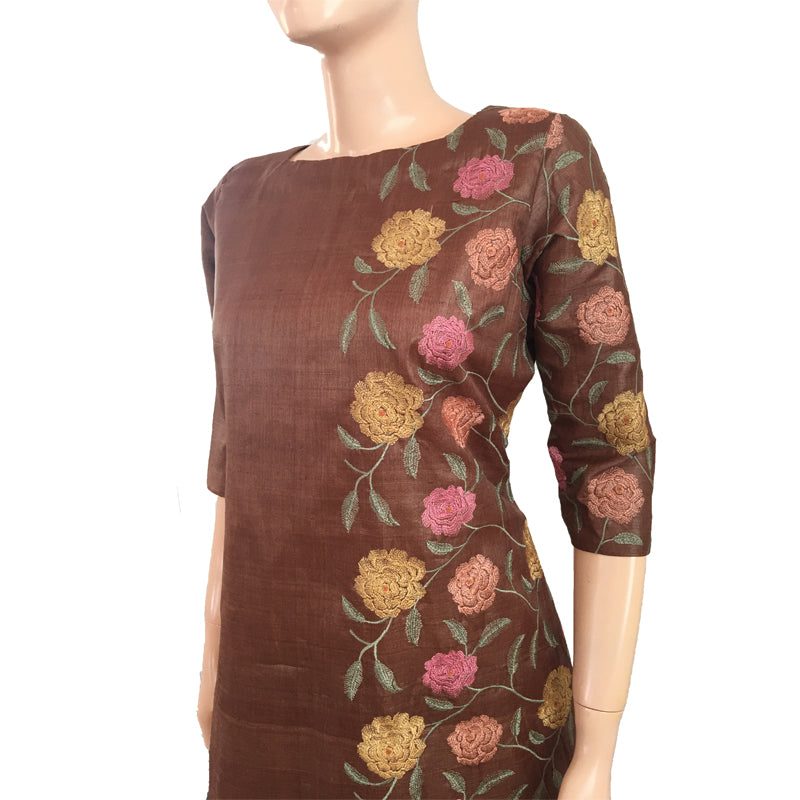 Pure Tussar Silk Embroidered A line Kurti with Lining, Chocolate Brown, KS1002
