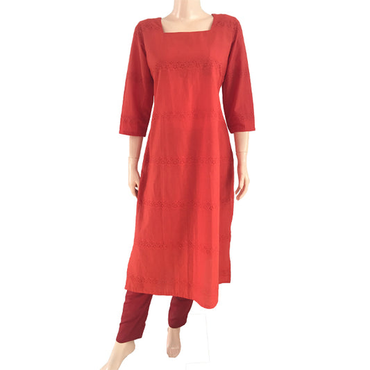 Cotton Hakoba Cutwork Embroidered Straight cut Kurti, Rust, KW1006