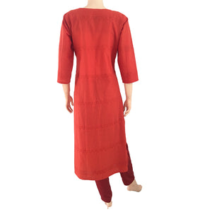 Cotton Hakoba Cutwork Embroidered Straight cut Kurti, Rust, KW1006