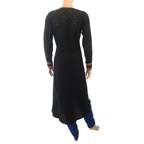 Cotton Hakoba Cutwork Kurti with Mirror Embroidery, Black, KW1010