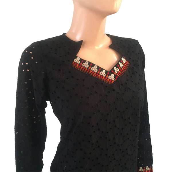 Cotton Hakoba Cutwork Kurti with Mirror Embroidery, Black, KW1010