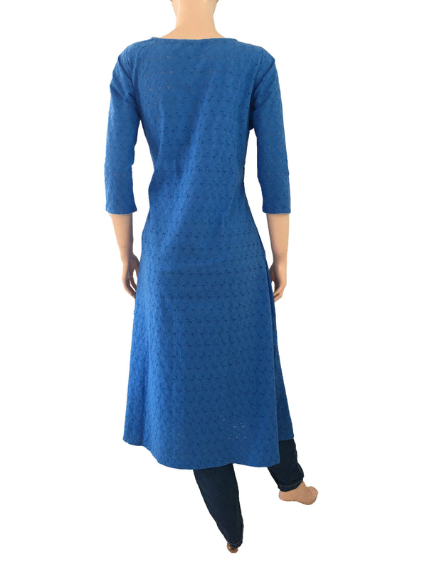 Hakoba Cotton Boatneck A line Kurti, Iris Blue, KW1013