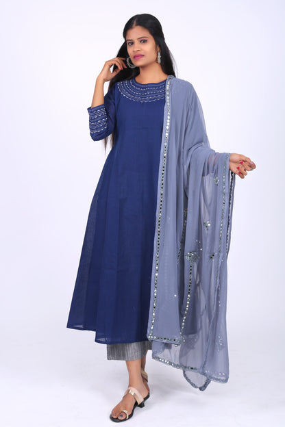 Handloom Cotton Embroidered Round neck Paneled Anarkali Kurta with Slip, Navy blue , KW1037