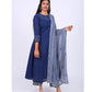 Handloom Cotton Embroidered Round neck Paneled Anarkali Kurta with Slip, Navy blue , KW1037