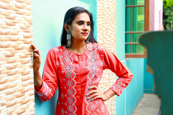 Cotton Rayon Roundneck Straightcut Hakoba Kurta, Orange , KW1038